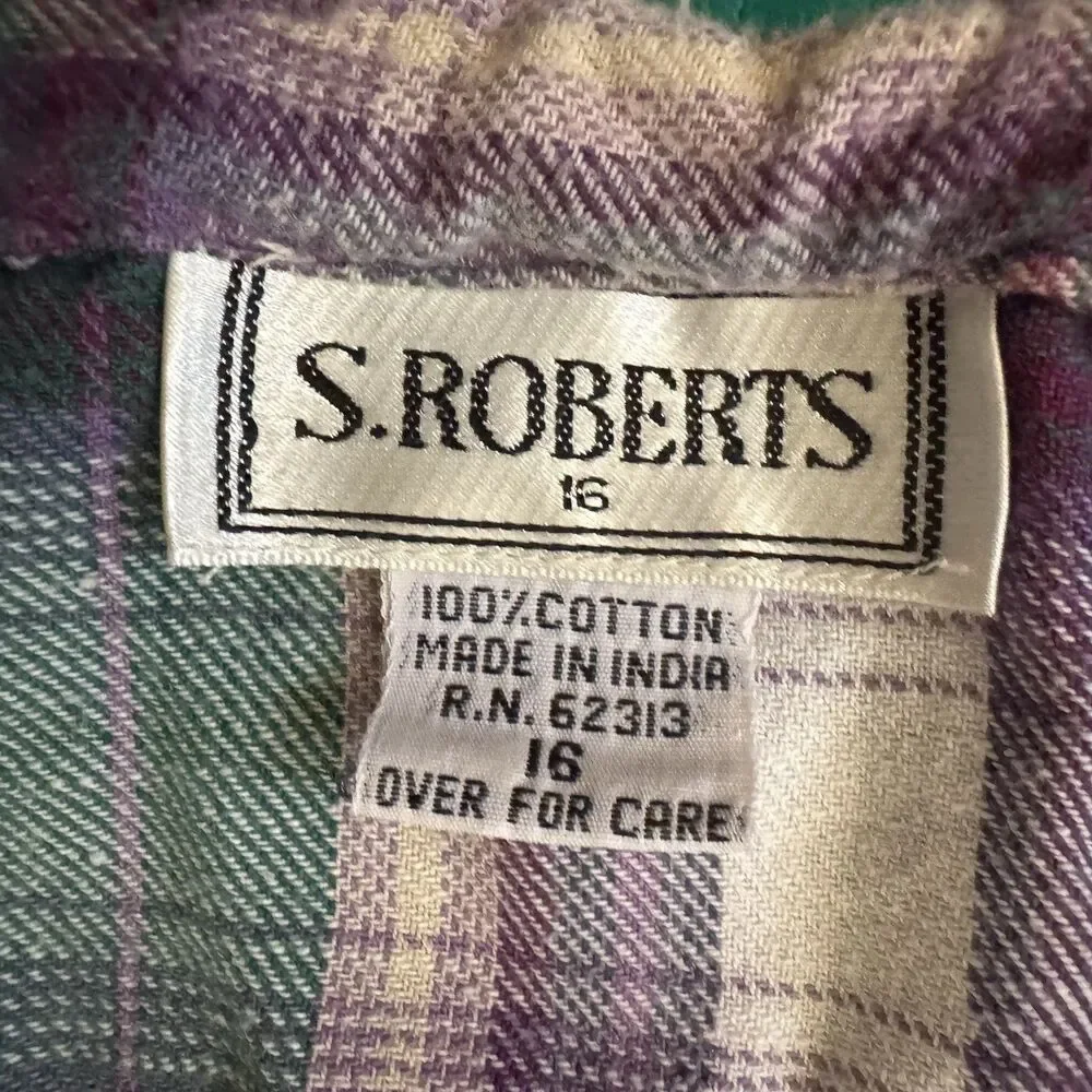 Vintage 90s Dress 16 Purple Green Plaid Flannel Contrast Collar Maxi S. Roberts - Picture 6 of 15